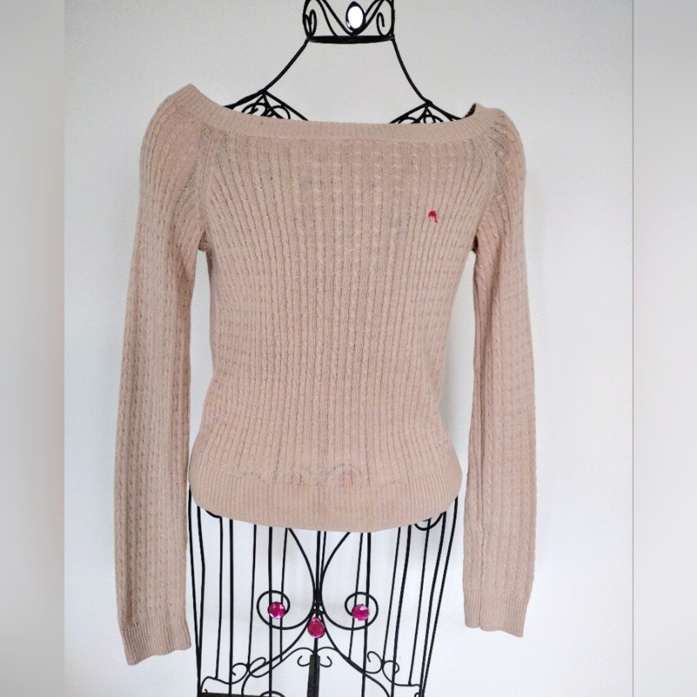 JJ Basic Cream Boat Scoop Neck Fine Cable Cotton Knit Crop Sweater Medium